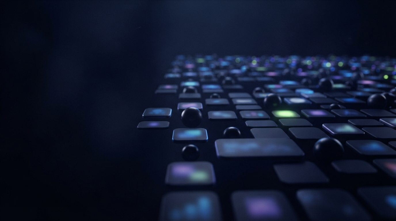 Dark 3D field of glowing rectangular tiles and black spheres receding into colorful blue-purple bokeh.