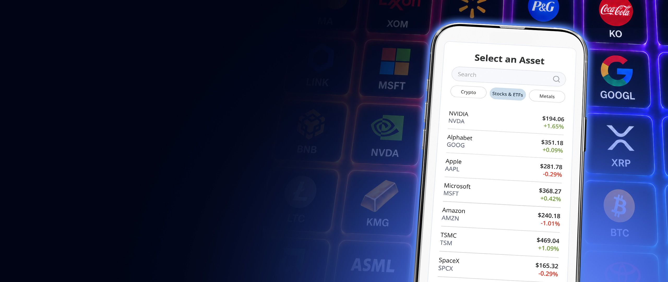 iTrustCapital App showing crypto stocks and precious metals